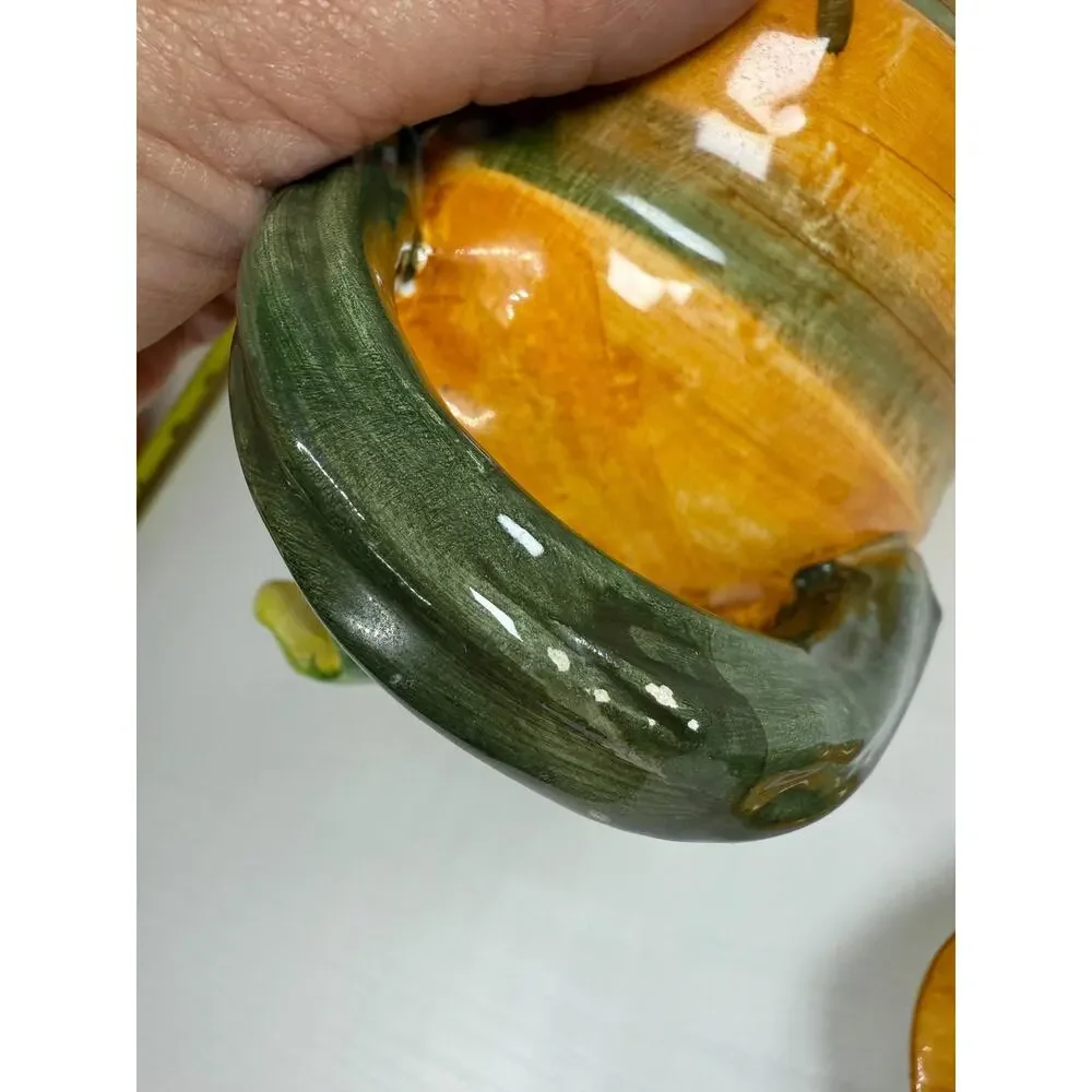 Hand Painted Ceramic Pumpkin Teapot, Vintage Fall Serveware, Orange Green